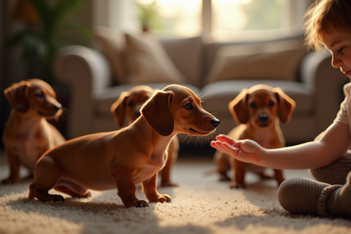 Chiots dachshund dans un salon chaleureux avec un enfant