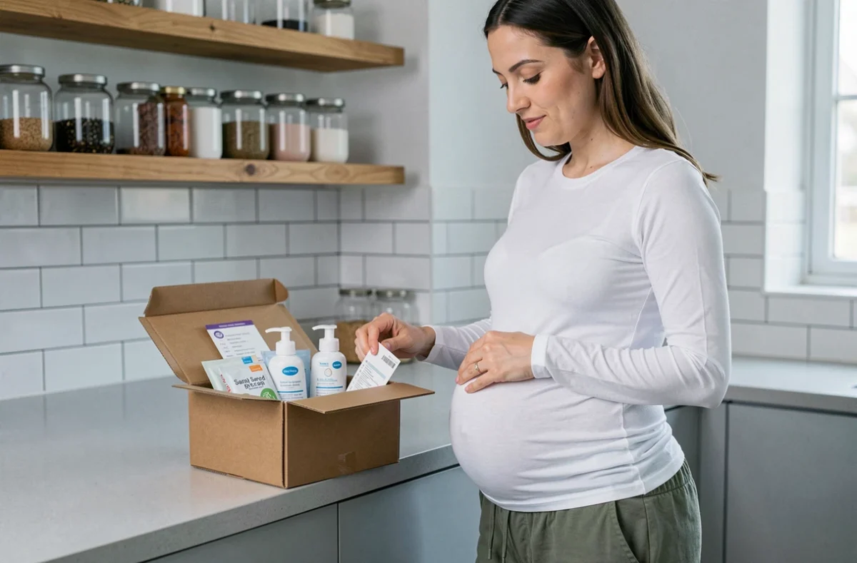 Femme enceinte découvrant un coffret d'échantillons gratuits pour bébé dans sa cuisine