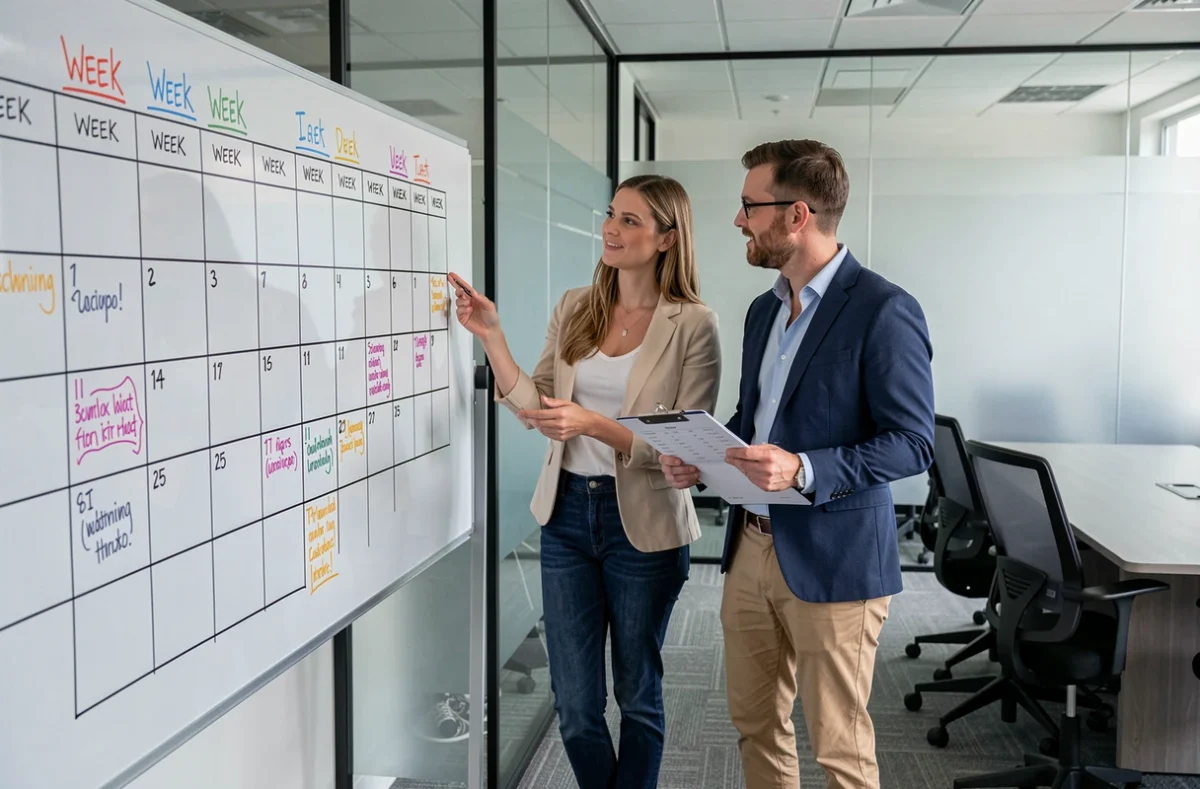 Deux collègues en réunion discutant d'un planning en semaines paires et impaires sur un tableau blanc en verre