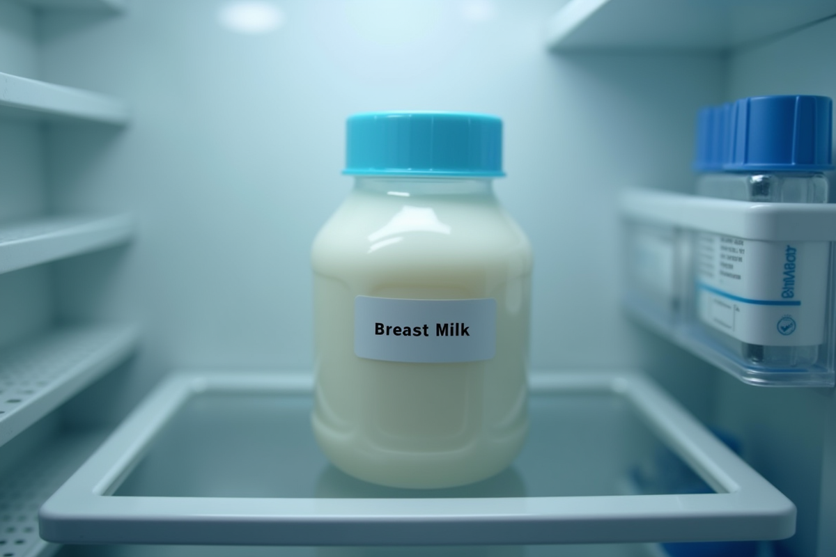 Contenant de lait maternel étiqueté dans un réfrigérateur organisé