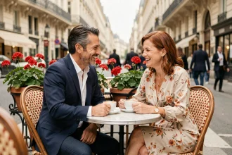 Couple complice attablé en terrasse de café parisien, ambiance chaleureuse et naturelle