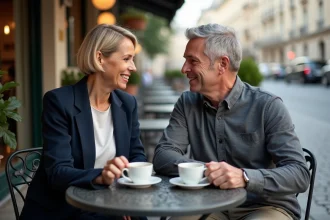 Couple élégant d'âge mûr partageant un moment intime en terrasse de café parisien, illustrant une histoire d'amour discrète et raffinée