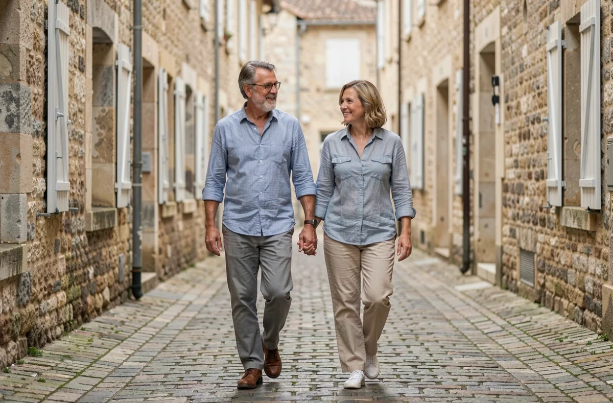 Couple discret se promenant dans une rue pavée d'une ville de province française, illustrant la vie privée loin des projecteurs médiatiques