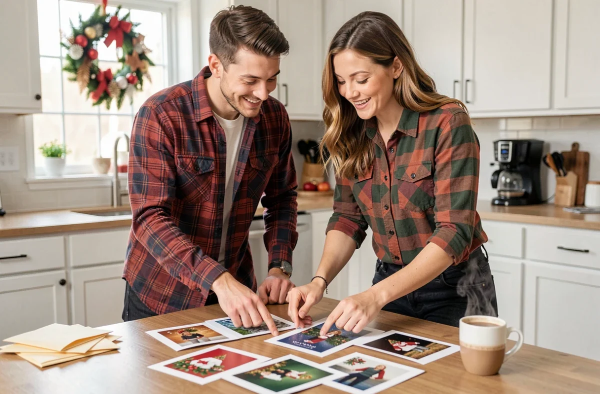 Couple choisissant des modèles de cartes de Noël à imprimer ensemble dans une cuisine moderne décorée