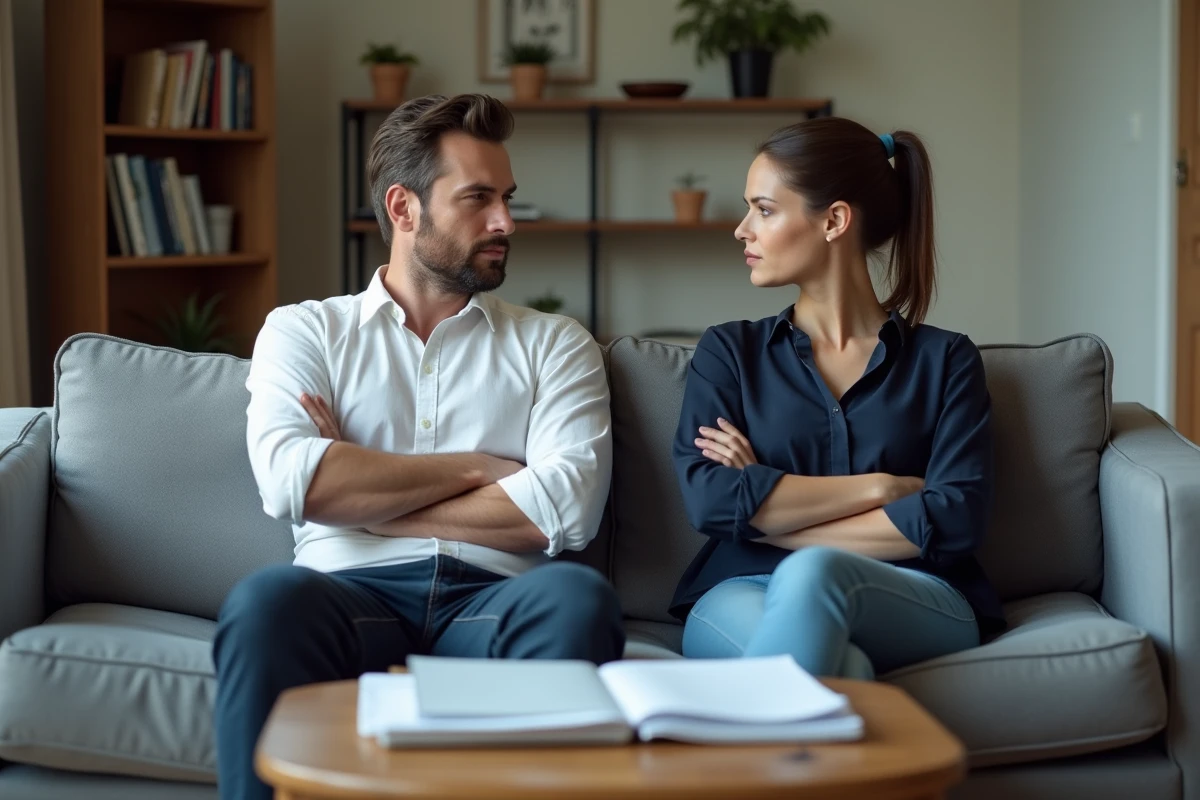 Couple en conflit assis sur un canapé avec des documents de divorce sur la table basse