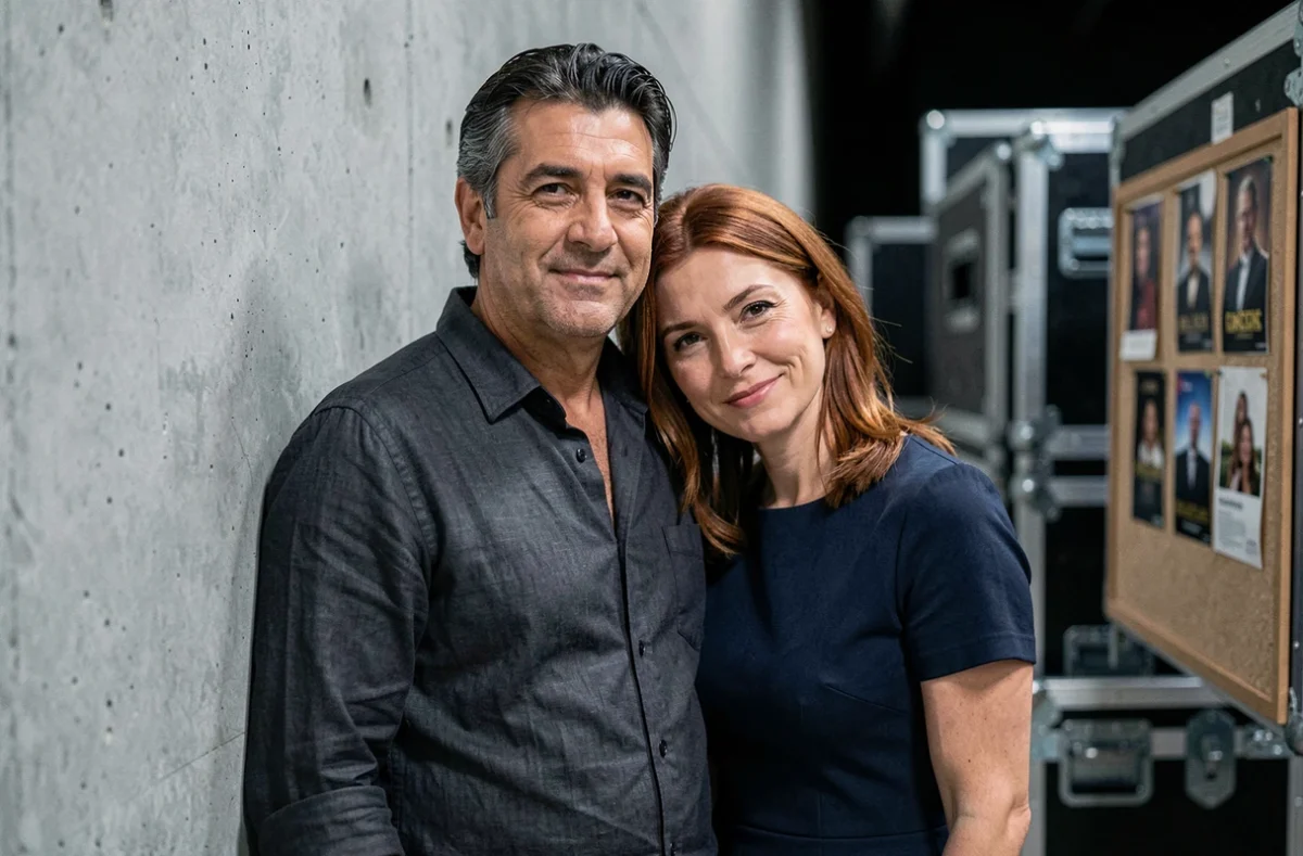 Homme et femme en coulisses d'une salle de concert, moment intime et complice