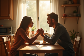 Couple en cuisine au matin lors d'une conversation chaleureuse