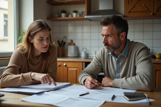 Couple d'époux examinant des documents financiers à la table de cuisine, illustrant les risques liés à l'article 220 du Code civil