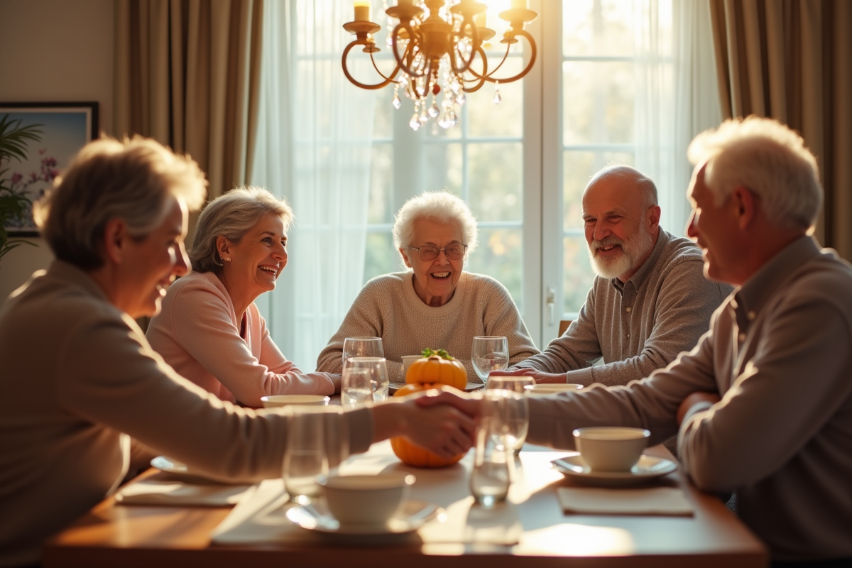 Couple agee famille multigenerations autour d une table