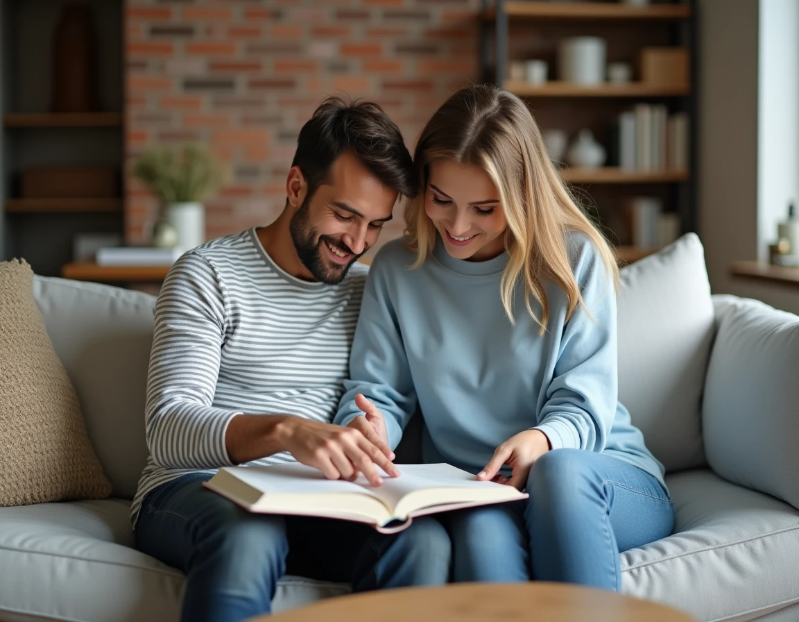 Couple cherchant des prénoms nordiques dans un livre de prénoms dans un salon scandinave