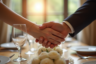 Couple marié tenant la main sur une table décorée en tin