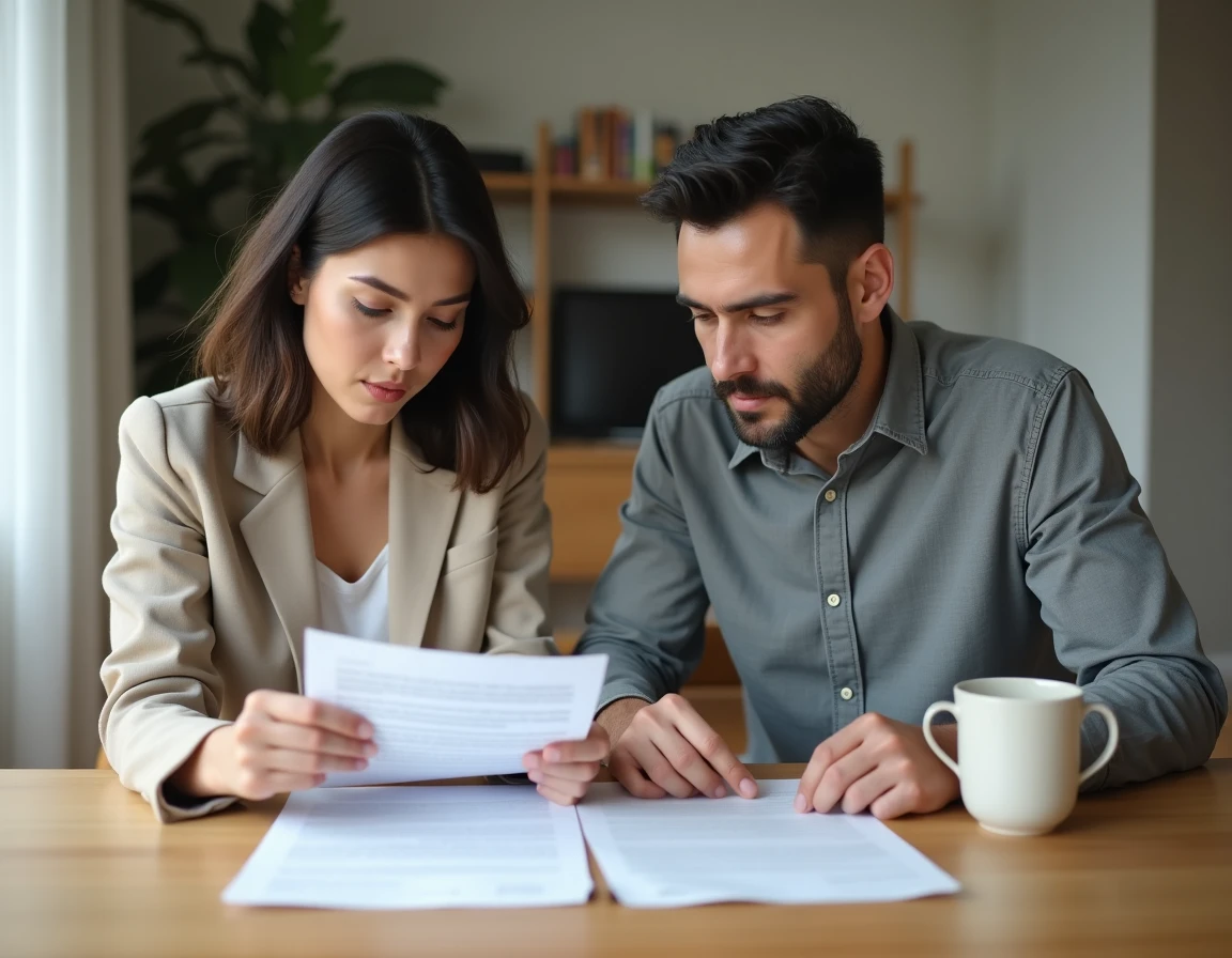 Couple pacsé sans enfants consultant des documents de testament à domicile avant la signature chez le notaire