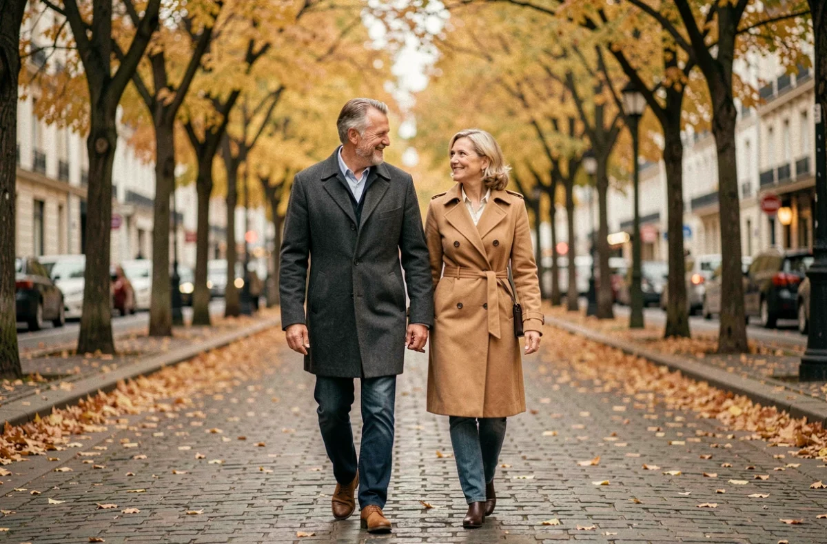 Couple se promenant sur un boulevard parisien en automne, ambiance intime et complice évoquant la vie privée d'un auteur célèbre