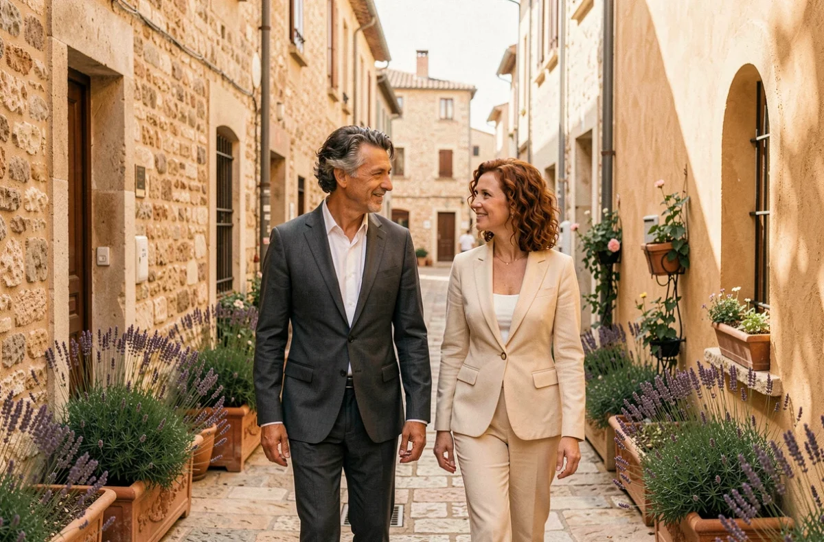 Couple élégant se promenant dans une ruelle provençale en pierre, ambiance lumineuse et détendue