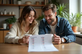 Couple souriant partageant un quiz de compatibilite a la maison