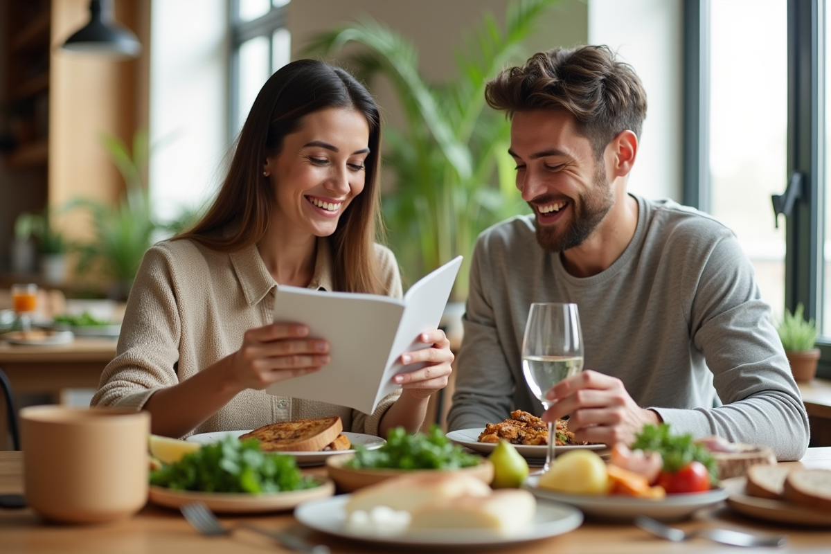 Couple souriant planifiant un repas sain à la maison