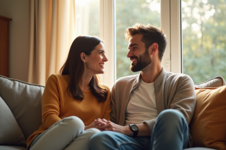 Couple souriant sur un canapé lumineux en salon