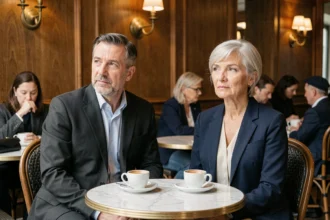 Couple discret dans un café parisien illustrant la vie privée préservée d'un homme politique français et de sa compagne