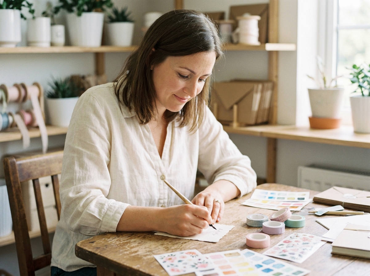 Jeune maman créant un faire-part de naissance artisanal avec des papeteries pastel et de la calligraphie sur un bureau en bois