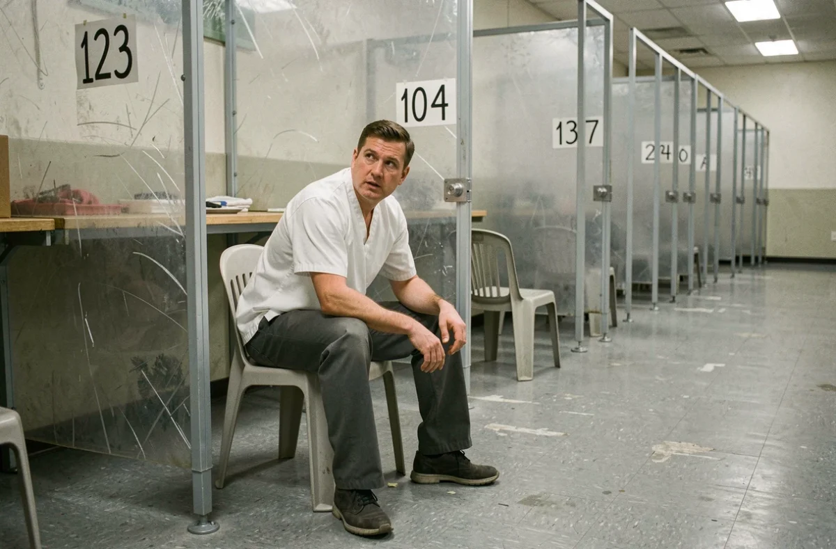 Détenu assis dans un box de parloir, penché en avant dans une attitude de dialogue lors d'une rencontre avec un proche en prison