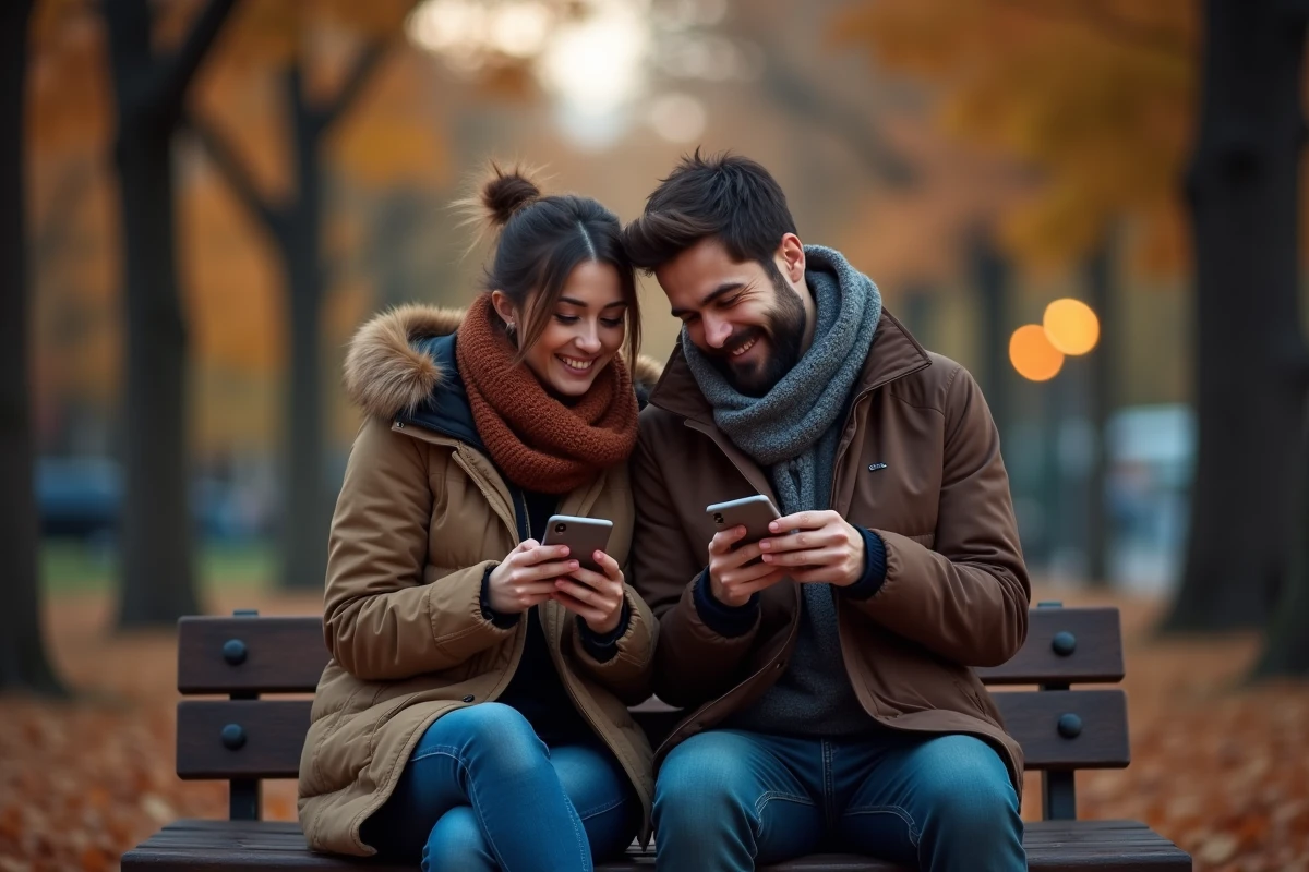 Deux meilleurs amis qui s'envoient des messages touchants sur WhatsApp assis dans un parc en automne