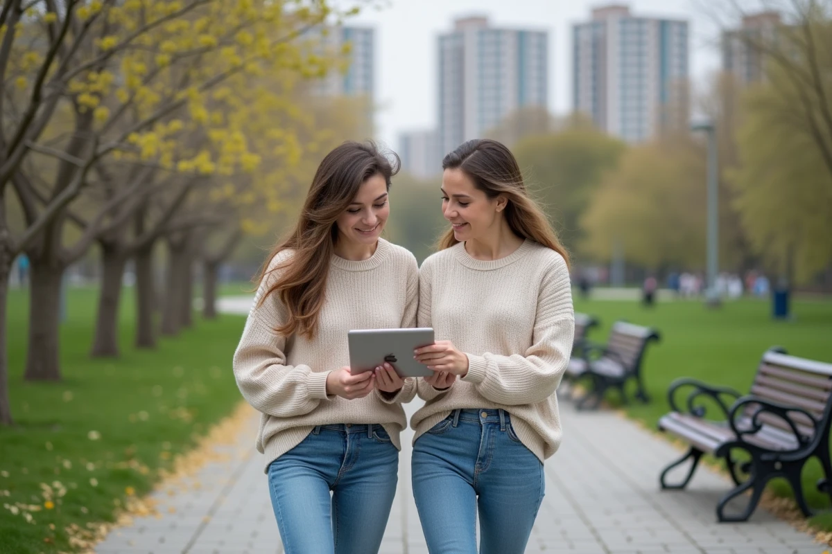 Deux femmes discutant sur un tablet dans un parc urbain