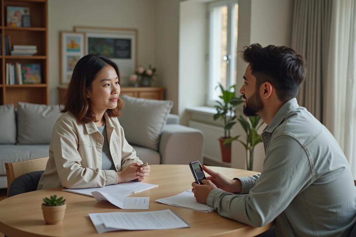 Nounou et parent en discussion autour d'un accord de garde informelle à domicile