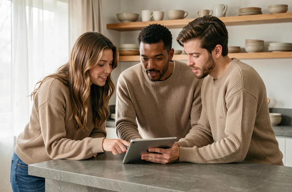 Groupe d'amis adultes discutant d'informations sur une célébrité autour d'une tablette dans une cuisine moderne, illustrant la curiosité du public pour la vie privée des stars