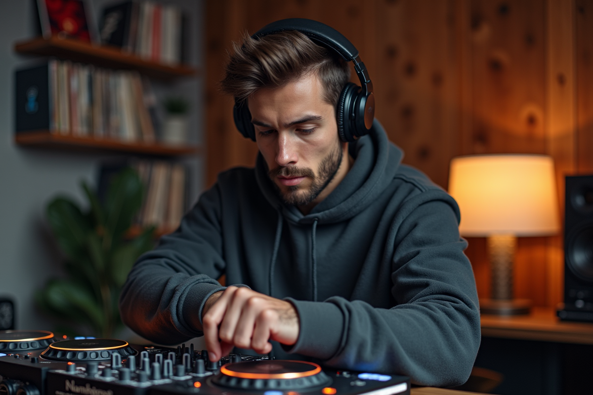 Jeune DJ concentré en studio avec vinyles et équipements