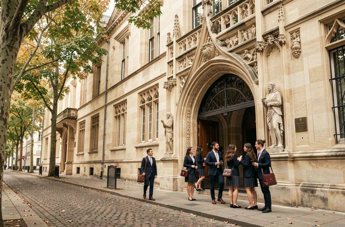 Façade néo-gothique du Collège-Lycée Stanislas à Paris avec des élèves en uniforme entrant par le portail ornemental rue Notre-Dame-des-Champs