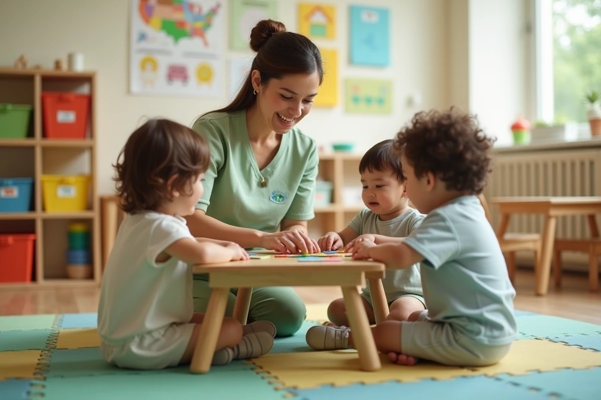 Éducatrice de crèche accompagnant des enfants en bas âge lors d'une activité d'éveil dans une salle de jeux colorée