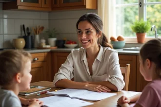 Elsa Fourlon en famille dans sa cuisine avec ses enfants autour d'une table couverte de dessins et de livres scolaires