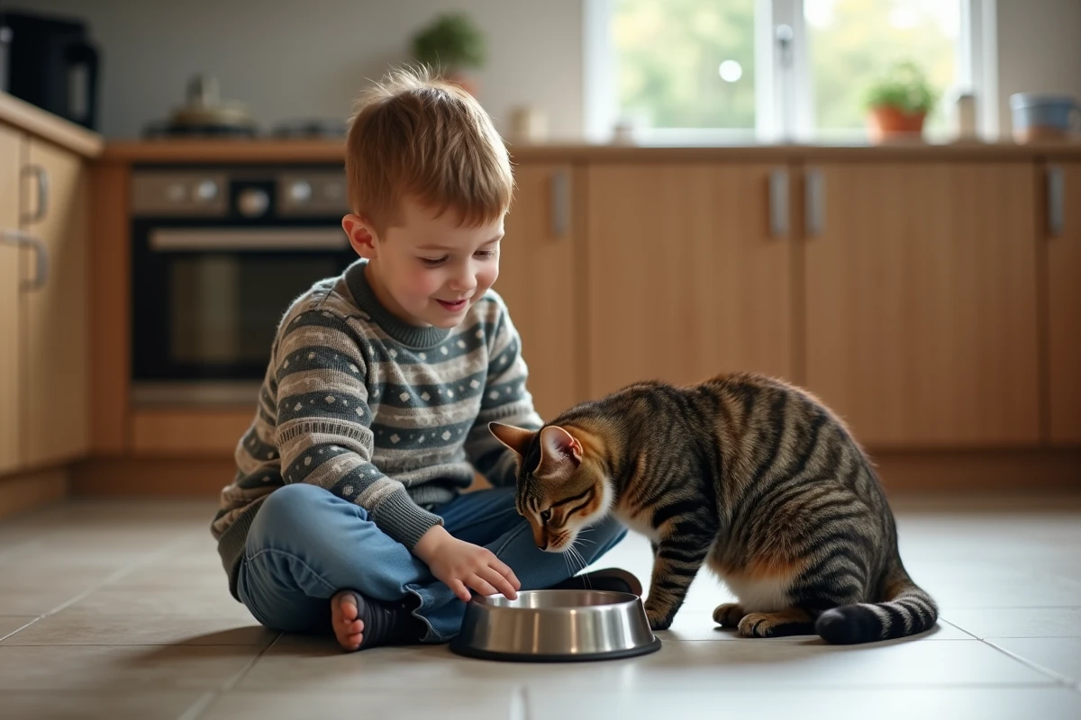 Enfant donnant à manger à un chat dans la cuisine