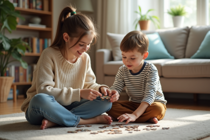 Jeune fille et frère jouent à un puzzle dans le salon