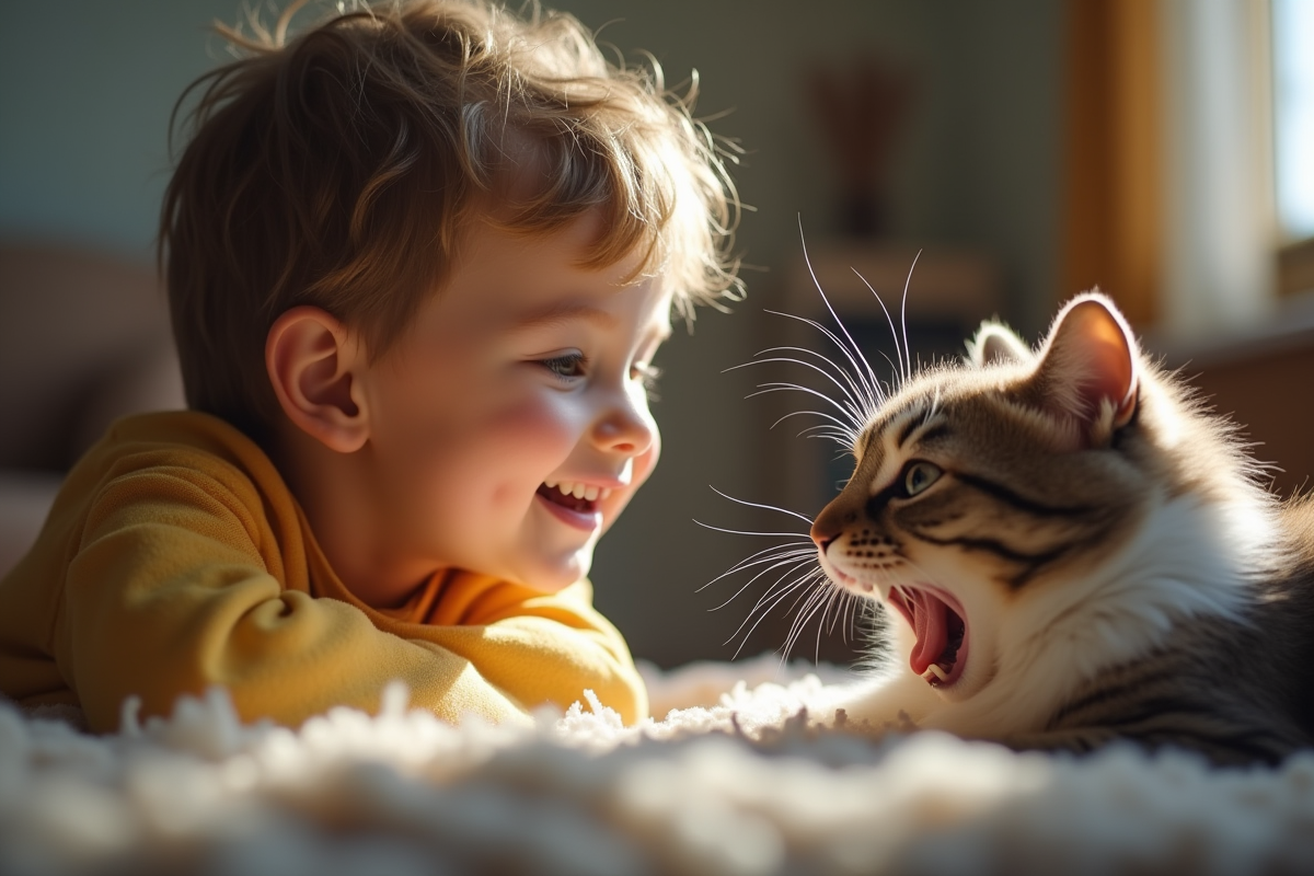 Enfant souriant avec un chat qui bâille en intérieur