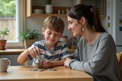 Garçon de 12 ans comptant des pièces avec sa mère dans la cuisine