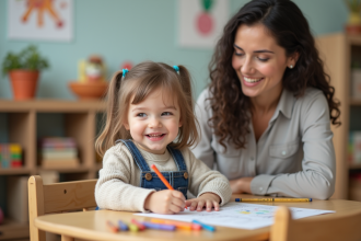 Fille souriante dessinant avec crayons dans une classe colorée