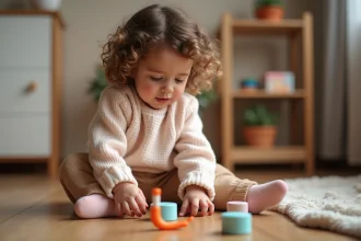 Petite fille de trois ans avec cheveux bouclés jouant avec un puzzle à la maison