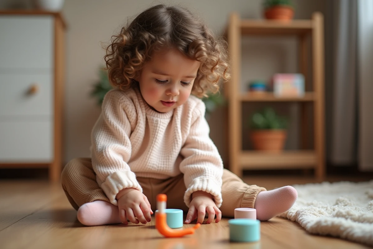 Petite fille de trois ans avec cheveux bouclés jouant avec un puzzle à la maison