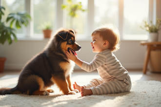 Enfant heureux caressant un chiot australien dans le salon