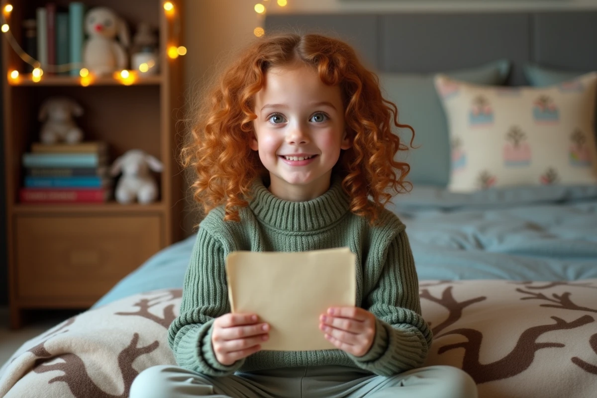 Petite fille lisant une lettre de lutin avec une expression émerveillée, assise sur un tapis douillet dans sa chambre décorée