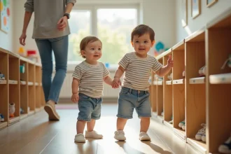 Garçon timide devant la garderie moderne et lumineuse