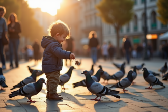 Jeune enfant nourrissant des pigeons dans une place ensoleillee