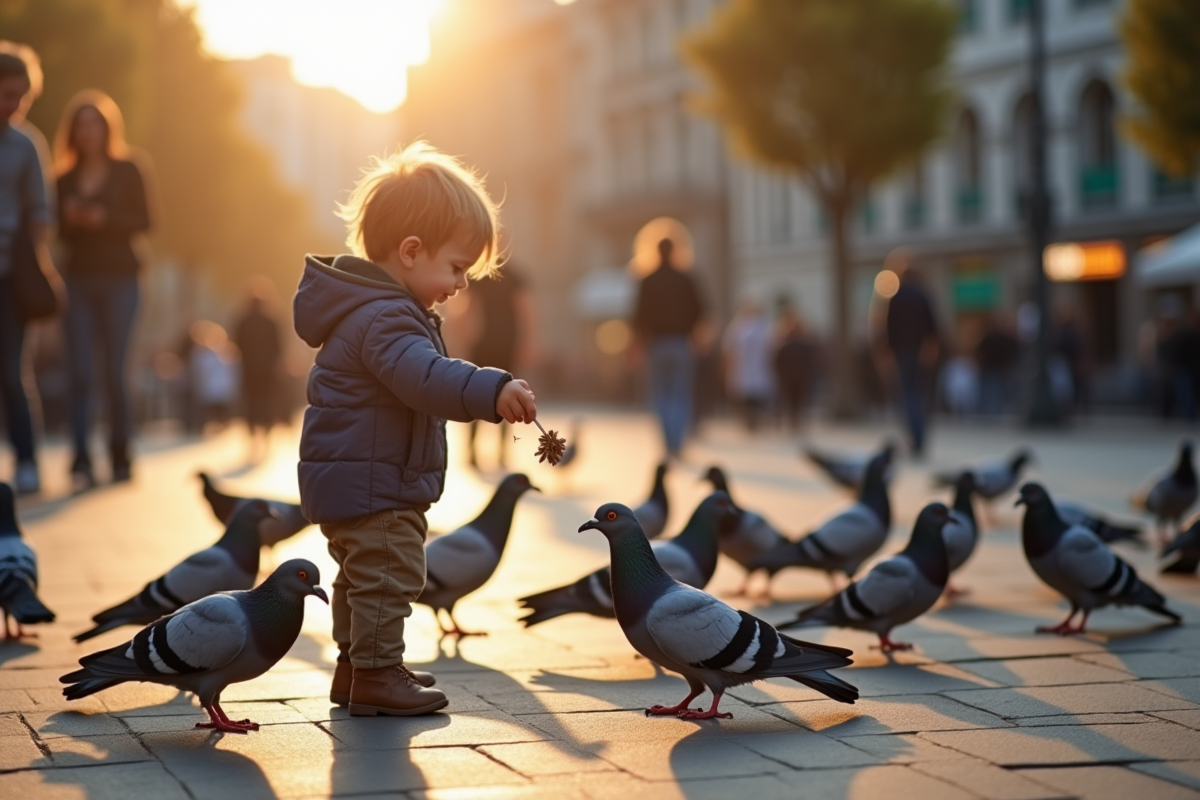 Jeune enfant nourrissant des pigeons dans une place ensoleillee