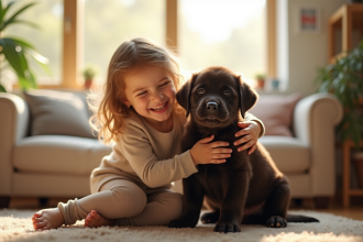 Jeune enfant riant en tenant un chiot Cane Corso dans un salon lumineux