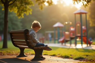 Jeune enfant seul sur un banc de parc en journée