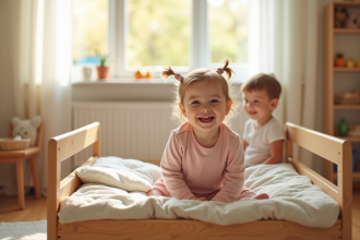 Enfant souriant sur un lit Montessori dans une chambre lumineuse