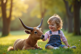 Enfant joyeux caressant un yak dans un parc ensoleille