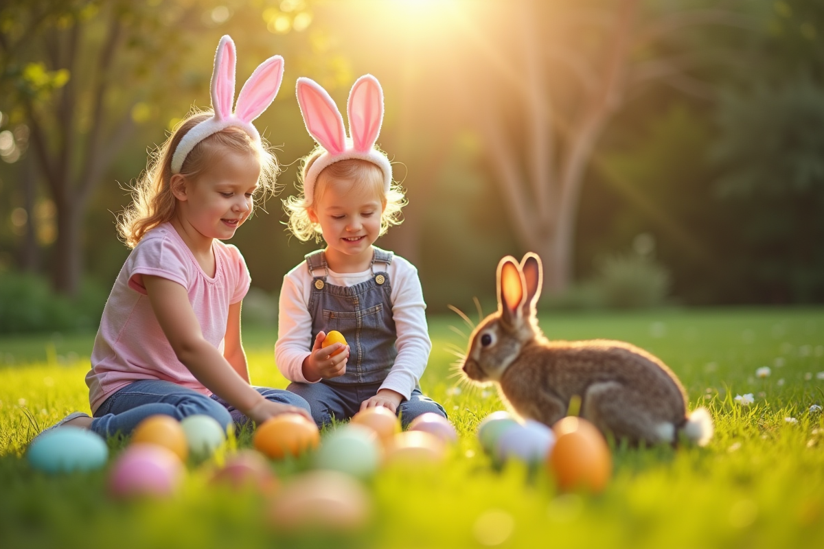 Enfants avec oreilles de lapin cherchant œufs dans le jardin ensoleille