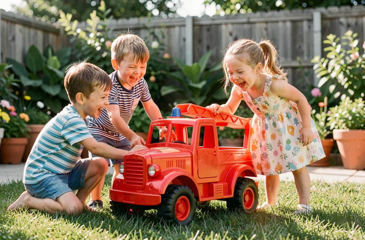 Groupe d'enfants jouant ensemble avec un grand camion de pompier jouet rouge lors d'un anniversaire en plein air